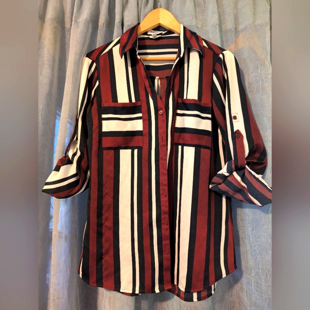 Express Portofino Burgundy and White Striped Shirt